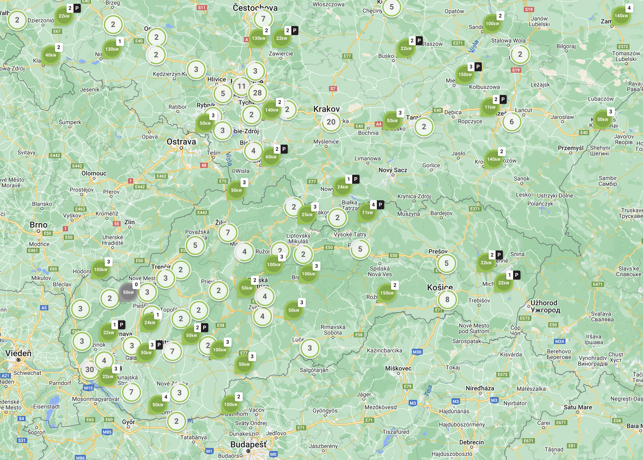 Mapa nabíjacích bodov siete GreenWay